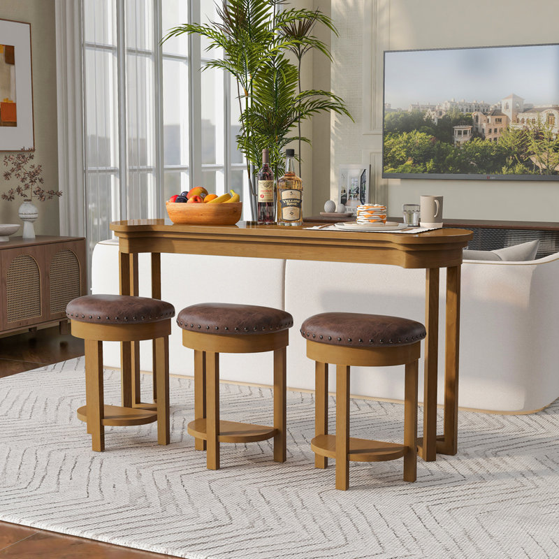 Ensemble de table de bar 4 pièces avec 3 tabourets de bar rembourrés en polyuréthane, table de petit-déjeuner avec 3 tabourets rembourrés, ensemble de table de salle à manger à hauteur de comptoir en bois massif pour le salon, la salle à manger. Naturel