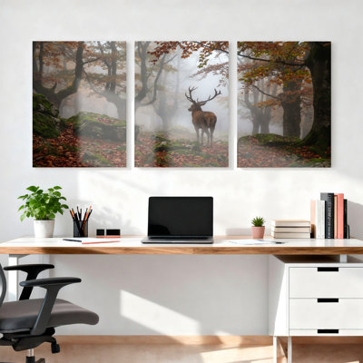 Ensemble de 3 toiles murales sur châssis représentant un paysage d'automne avec des cerfs dans une forêt brumeuse