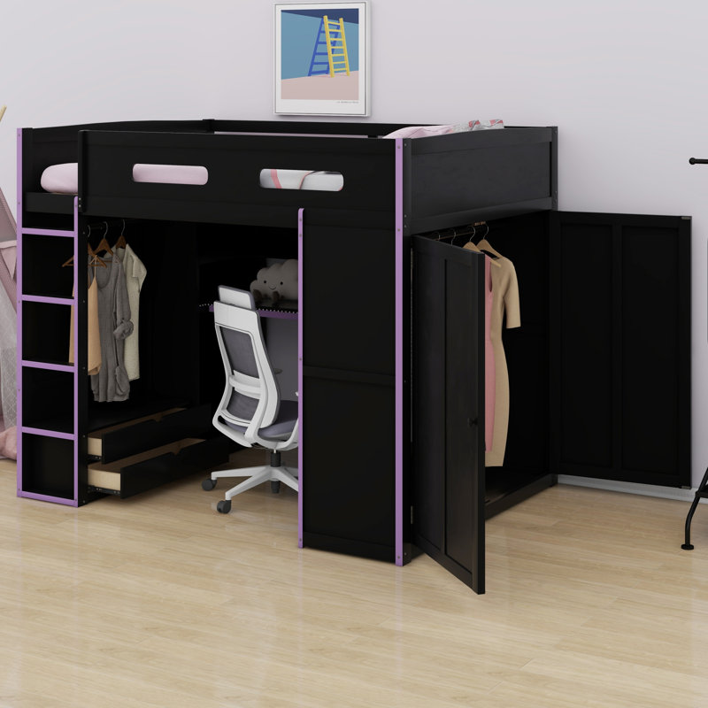 Lit mezzanine tout-en-un en bois avec bureau, garde-robe et lumières RVB