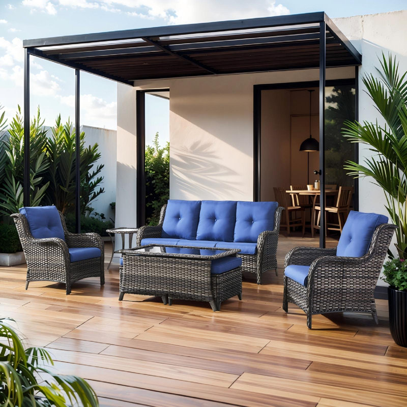 Bonia Wicker 5 - Person Patio Conversation Set with Cushions, Blue, Gray
