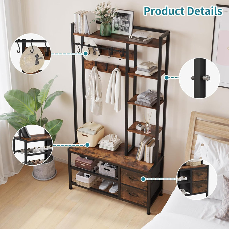 Hall Tree with Bench Storage and Shoes Storage, Hall Tree with Drawers and Shelves for Bedroom