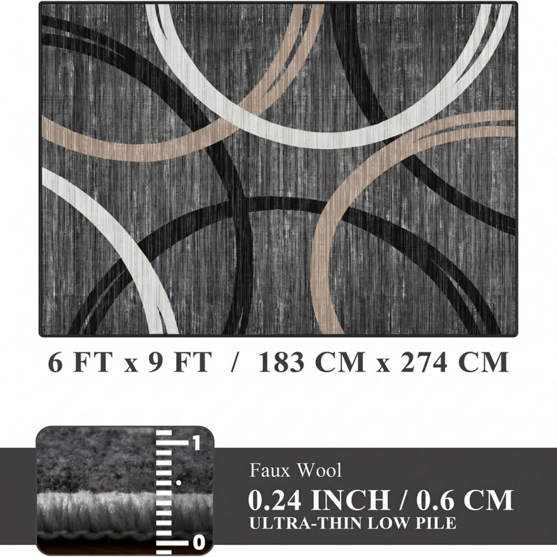 Tapis géométrique abstrait moderne lavable à la machine avec envers antidérapant, Black, Rectangle 6'x9'
