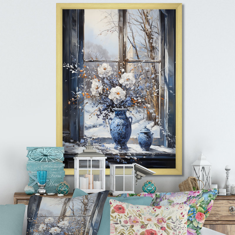 «White and Blue Winter Window Still Life I - Winter Landscape», art mural, Cadre doré simple, H 44 po x l 34 po x P 1,5 po
