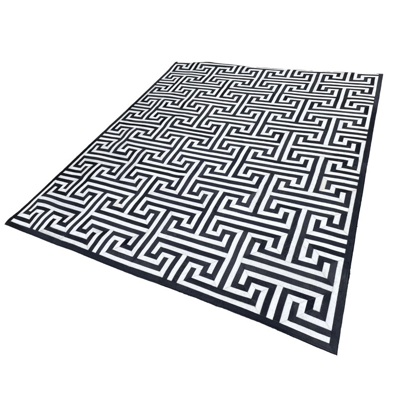Tapis en cuir de vache noir et blanc à motif géométrique moderne 10 pi x 13 pi, Noir, Rectangle 120" x 156"