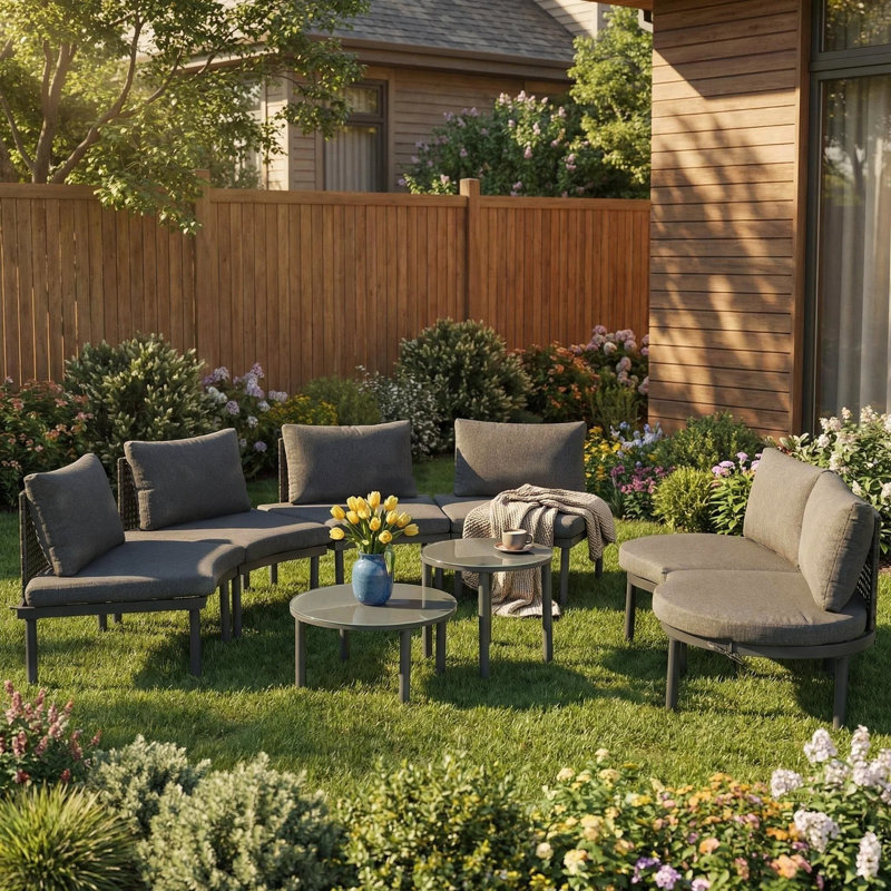 8 - Piece Outdoor Patio Conversation Set With Cushions, Gray Cushion/Gray Frame