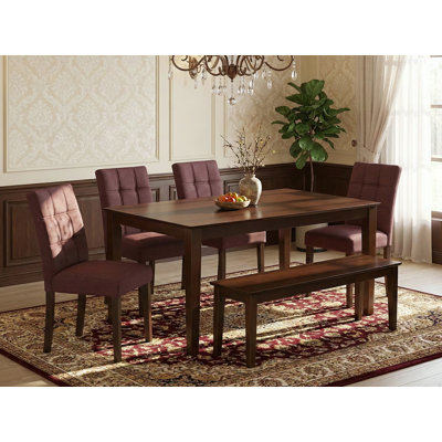 6 Piece Mid Century Modern Dining Set consists Mid Century Table, a Bench and 4 Burgundy Polyester Fabric Dinner Chairs, Mahogany
