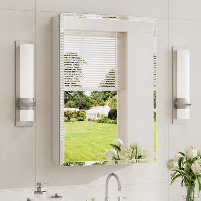 Recessed or Surface Mount Aluminum Beveled Frameless Medicine Cabinet With Mirrored Door and Adjustable Shelves