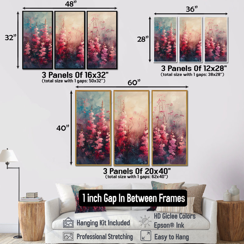 Lupin rose, fantaisie florale - ensemble de salon, Toile argentée avec cadre flottant, H 40 po x l 60 po x P 1 po