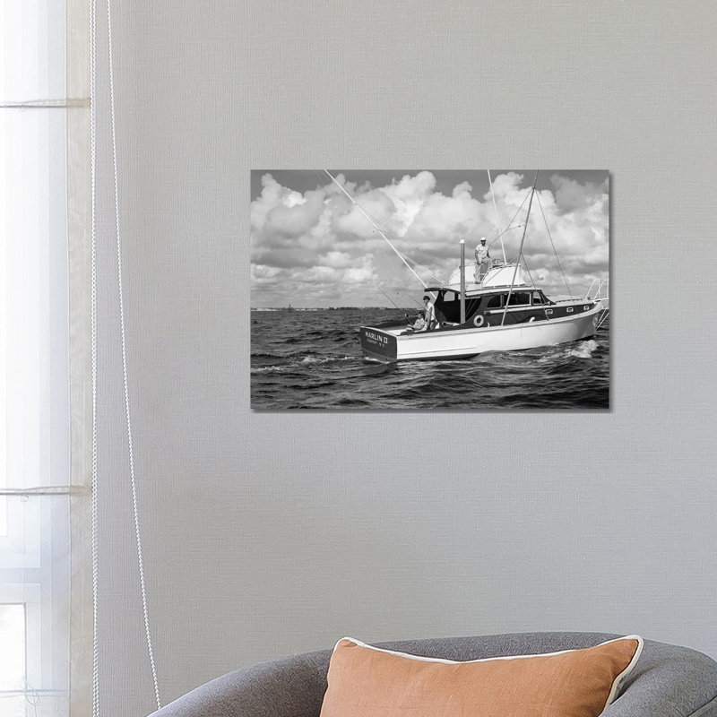 1950s Group of 3 Men Trolling off of Fishing Boat in Gulf Stream 1 Piece Wrapped Canvas Wall Art