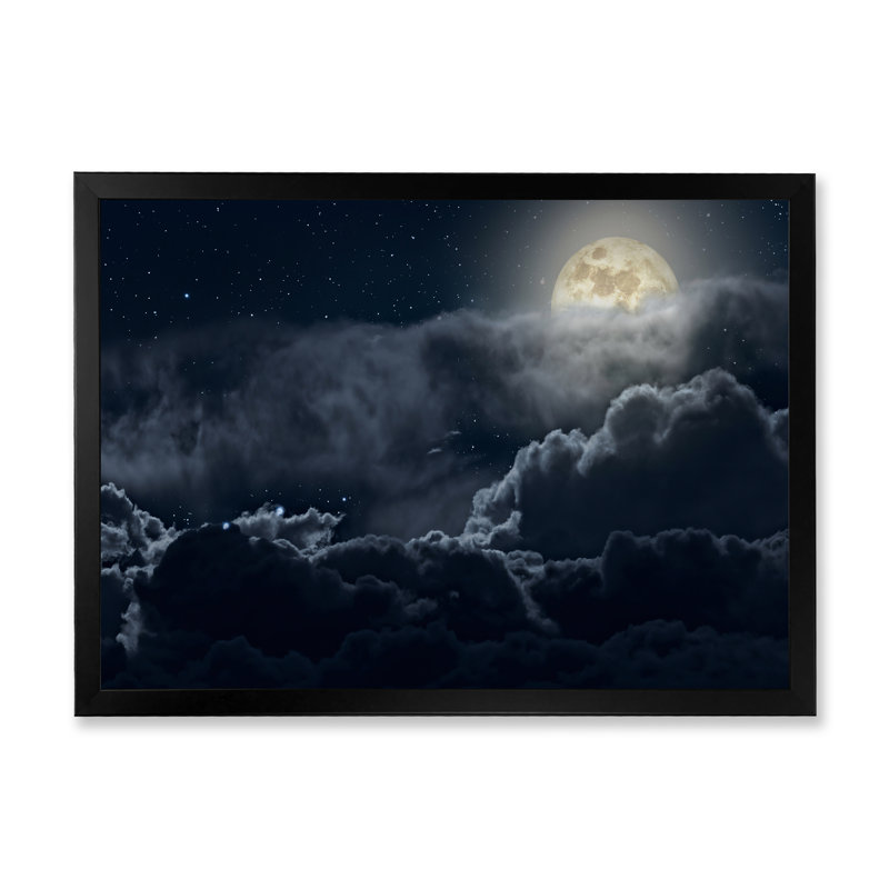 Nuageux nuit de pleine lune - photographie sur toile, H 12 po x l 20 po x p 1 po, Cadre photo noir