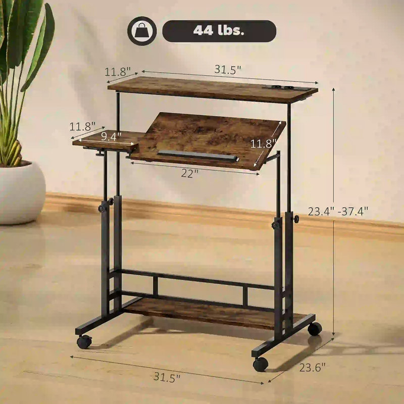 Bureau debout ajustable avec plateau inclinable, roulettes et tablette