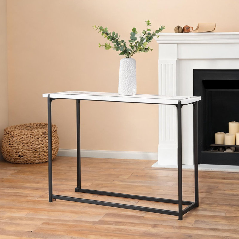 White and Gunmetal Sofa Table with High Gloss Lacquer Top, Contemporary Rectangular Console for Living Room