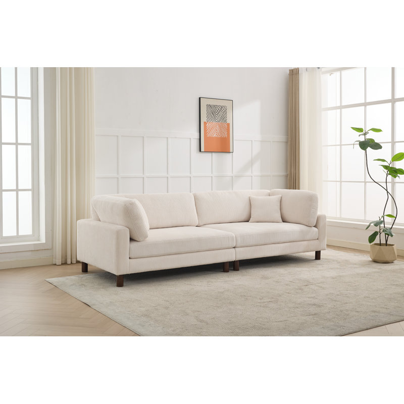 2-Piece Corduroy Upholstered Modular Sofa With Solid Wood Legs, White