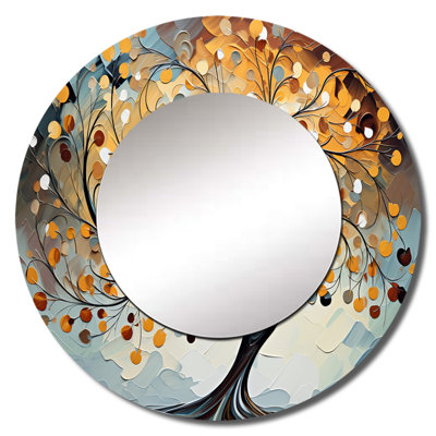 Yellow Grey Majestic Canopies Tree - Trees Unique Wall Mirror, Yellow Round Mirror, Printed Metal Art