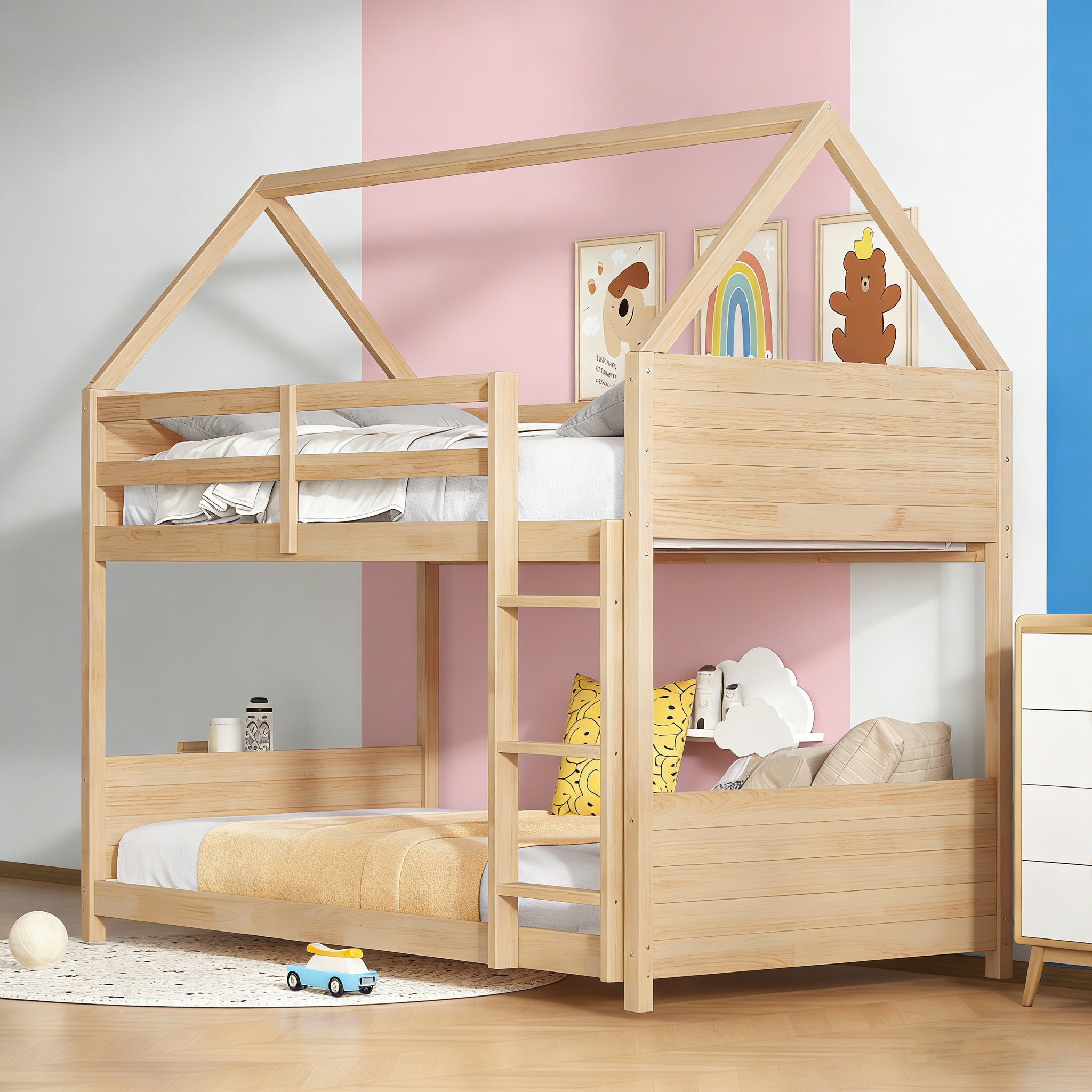 Ebern Designs Twin Over Twin Solid Wood House Floor Bunk Bed With ...