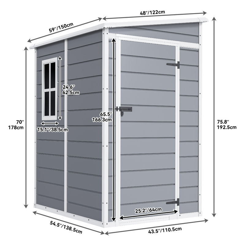 Remise de rangement en plastique, H 75,8 po x l 59,98 po x P 48 po, Grey