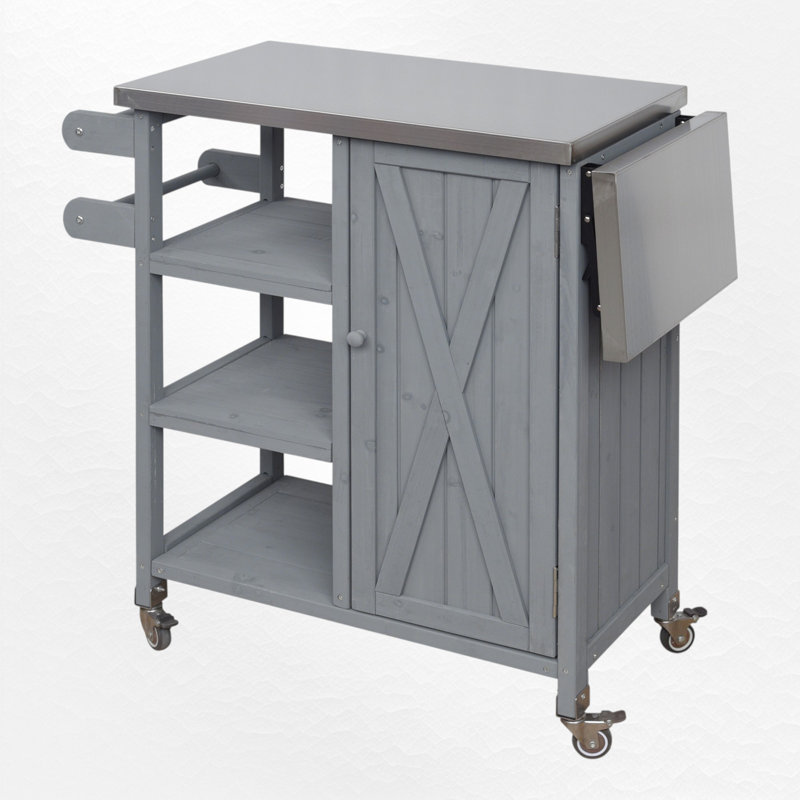 Chariot en bois pour îlot de cuisine avec plateau en acier inoxydable, table d'appoint pliable, roues verrouillables, station de préparation pour patio roulant
