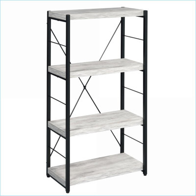 Bibliothèque rustique industrielle à 3 tablettes avec structure en métal | Blanc antique et noir | Bois et métal | Contemporain