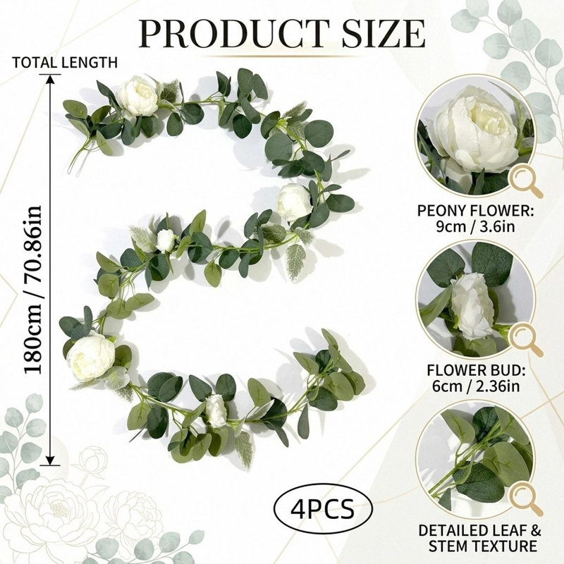 Paquet de 4 guirlandes de fleurs d'eucalyptus artificiel, Blanc