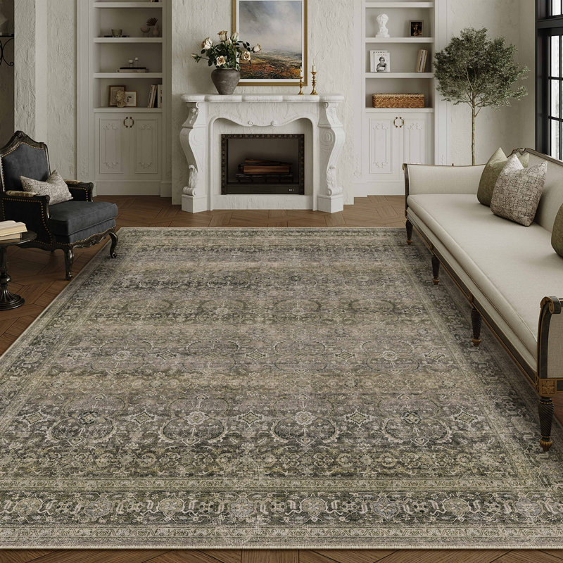 Tapis à motif floral rétro élégant gris / brun Luthien, Rectangulaire 8 pi x 10 pi