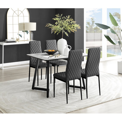 Industrial Design White & Grey Marble Effect Melamine Dining Table Set with 4 Faux Leather Chairs