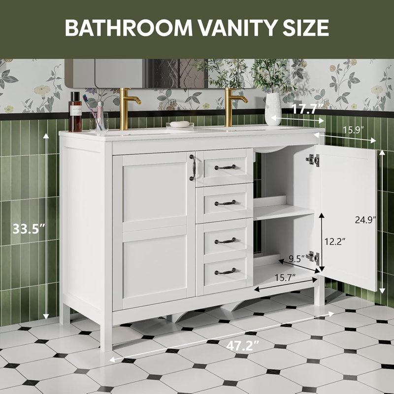 48" Farmhouse Double Sink Bathroom Vanity With 3 Drawers & Doors, White