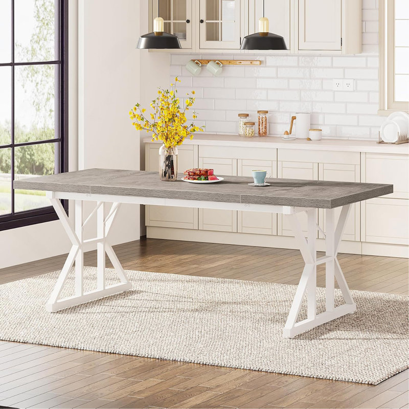 Table de salle à manger 71 po pour 6 personnes, table de cuisine rectangulaire rustique avec pieds en métal à tréteaux, table de salle à manger en bois