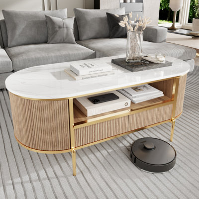 48" Luxury Faux Marble Coffee Table With Curved Fluted Design by Mercer41
