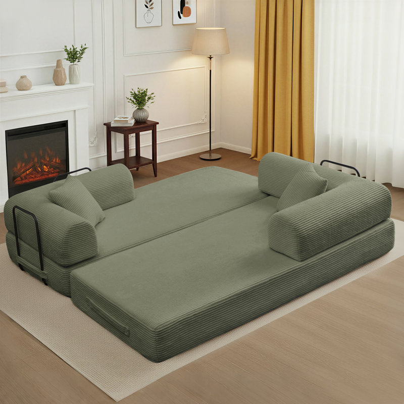 89" Boneless Corduroy Sleeper Sofa Bed, Modular Futon Couch, Compression Foam Sofa with 2 Pillows, No Assembly Required