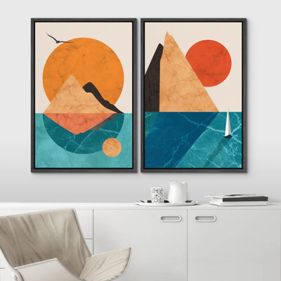 Sun And Moon " Sun And Moon Geometric Mountain Ocean Landscape Abstract Nature Illustrations Modern Rustic Scenic Neon " 2 - Pieces