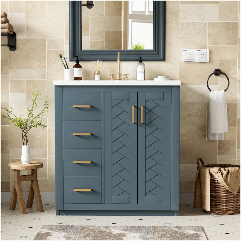 Ensemble de meuble-lavabo 30 po avec lavabo en céramique, meuble de rangement à cadre en bois, ensemble de meuble-lavabo autoportant avec 3 tiroirs et portes à fermeture douce