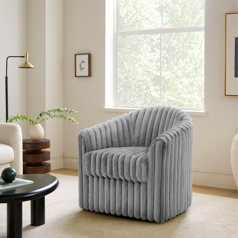 Aunna 78.2Cm Wide Swivel Barrel Chair, Grey Faux Fur