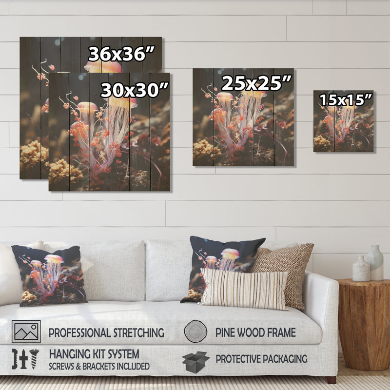 Yellow & Pink Ethereal Elegance Jellyfish In Color - Jellyfish On Wood Print, 15" H x 15" W