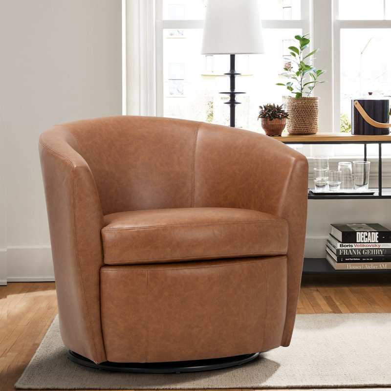 Leather Upholstered Swivel Barrel Chair—No Assembly Required, Brown Faux Leather