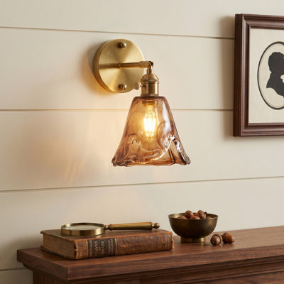 Belmont 1 light Adjustable Metal Armed Wall Sconce with Amber Glass Lampeshade