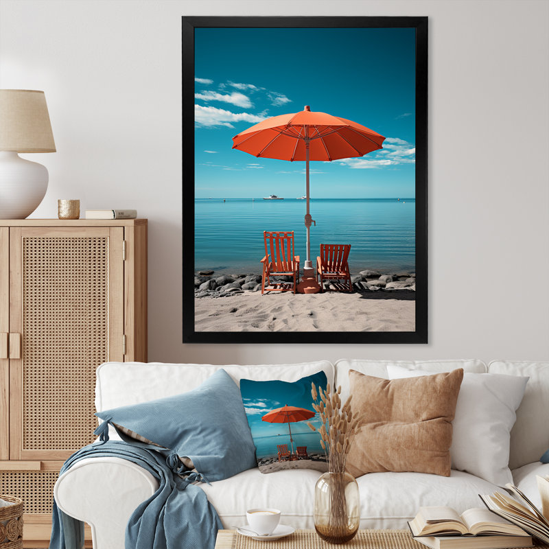 «Makanda Coral Teal Miami Beach Umbrella», reproduction sur toile, Cadre photo noir, H 20 po x l 12 po x P 1 po
