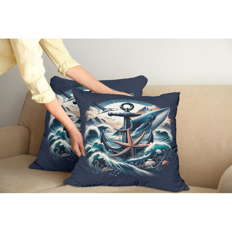 Nautical Indigo and Dark Salmon Microfiber Throw Pillow Covers, Set of 2