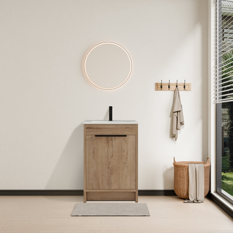 Baelynn 24" American Traditional Freestanding Single Bathroom Vanity with Ceramic Top, White, Imitative Oak
