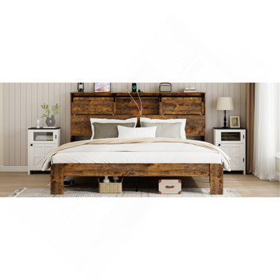 QUEEN Size Bed, Metal Bed Frame With Charging Station, No Need For Box Spring, (Dark Brown), No Noise, Easy To Assemble.