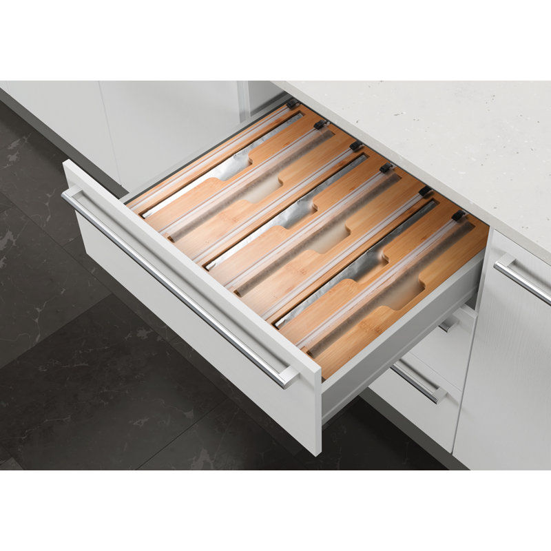 Distributeur d'enveloppes en bambou pour tiroir de cuisine avec coupe et étiquettes, emballage en plastique, papier d'aluminium et distributeur de papier ciré, compatible avec rouleau de 12 po