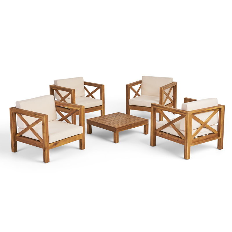 Ensemble de conversation pour patio pour 4 personnes avec coussins Raymo Acacia, Beige