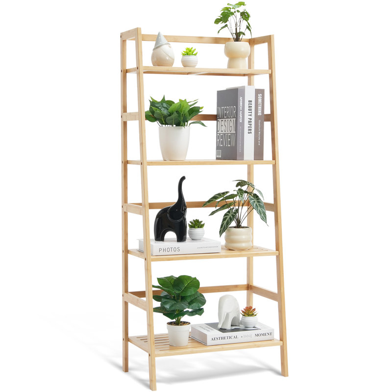 Natural Bamboo 4-Tier Ladder Bookshelf for Plants and Decor