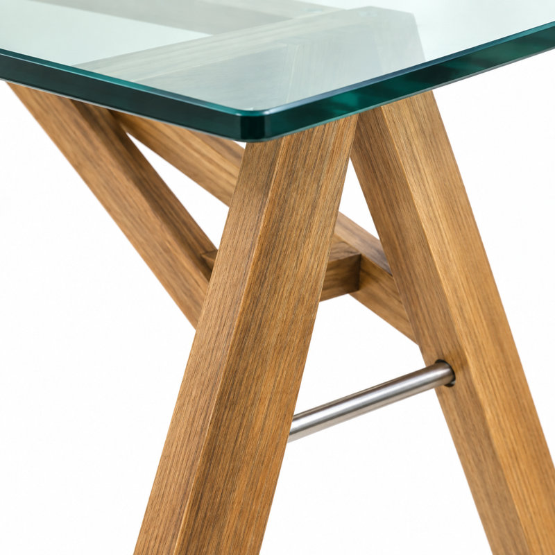 Bureau d'ordinateur moderne avec plateau en verre trempé et piètement en bois d'acacia pour bureau à domicile