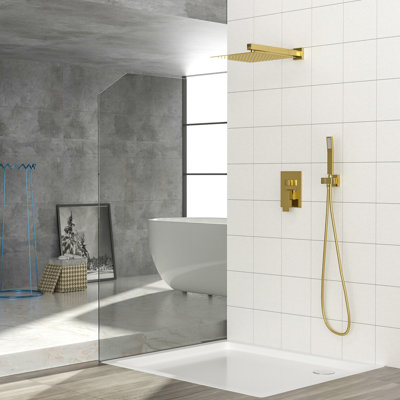 Douche double murale dorée 10 pouces - Tête carrée avec valve et installation à main sur 360 °