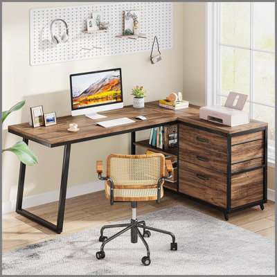 53-Inch Reversible L-Shaped Computer Desk with 3 Drawers and Storage Shelves, Industrial Corner Home Office Workstation, Space-Saving Design for Small Rooms