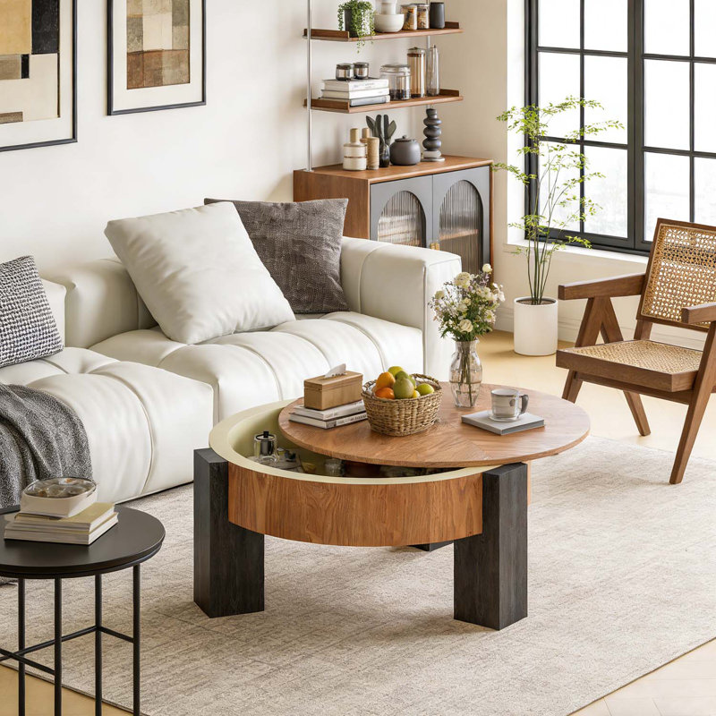 Table basse ronde moderne avec 3 pieds robustes, Noir mat, bois naturel