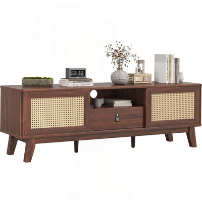 Rattan TV Stand For Tvs, Wood TV Stand Mid Century Modern TV Stand TV Media Console With Drawer And 2 Cabinets, Boho Entertainment Center For Living Room