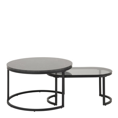Round/Oval Coffee Table Set with Black Marble/Smoked Melamine Glass Top