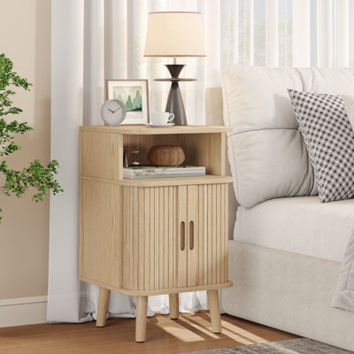 Mid Century Modern Nightstand, Fluted End Table With Open Shelf and Storage Cabinet, Curved Round Edge Wood Bedside Table with Slide Doors