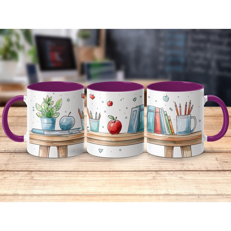 Kids Drawing Style 11oz Accent Mugs – Ceramic Coffee Cup with a Purple Handle and Interior